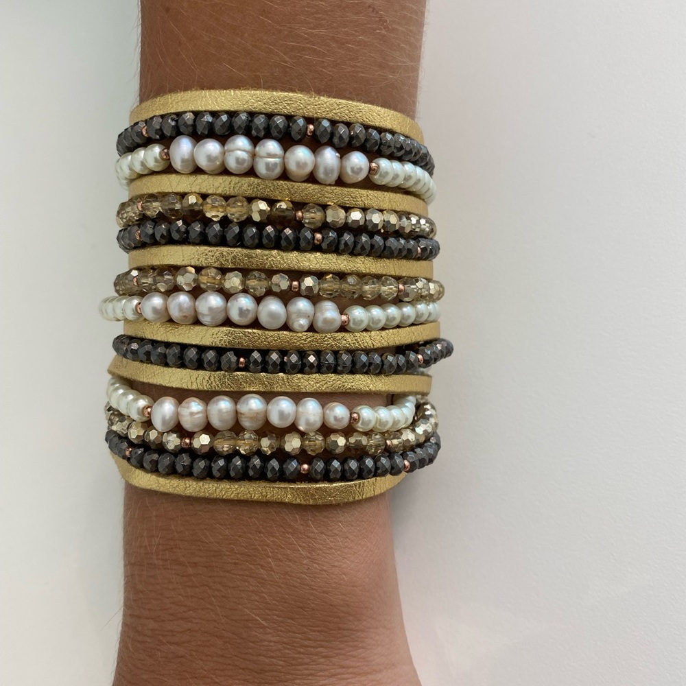Gold leather and crystal beaded bracelet